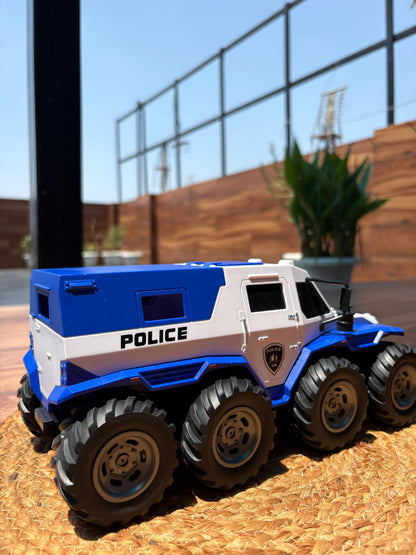8-Tire RC Police Monster Truck – Off-Road Toy with Flashing Lights & Bold Police Design